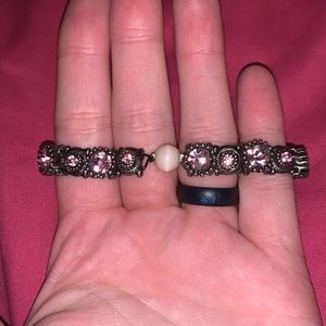 Handmade Pink Catseye Jeweled Silver Stretchy Bracelet